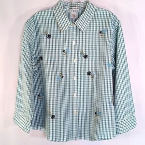 Rebecca Malone Blue Check With Embroidered Flowers Blouse Size L